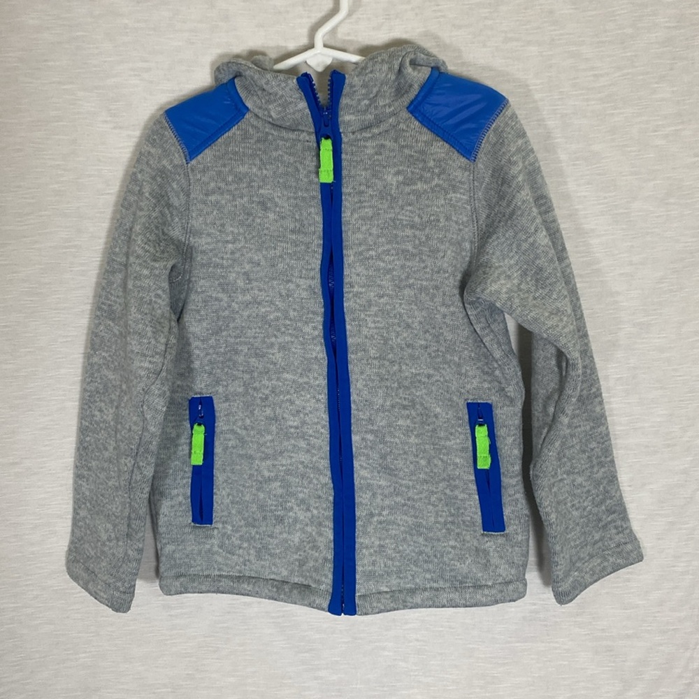 Lands’ End Boys M 5/6 Zip Front Jacket Gray Hoodie with Blue and Green‎ Accents